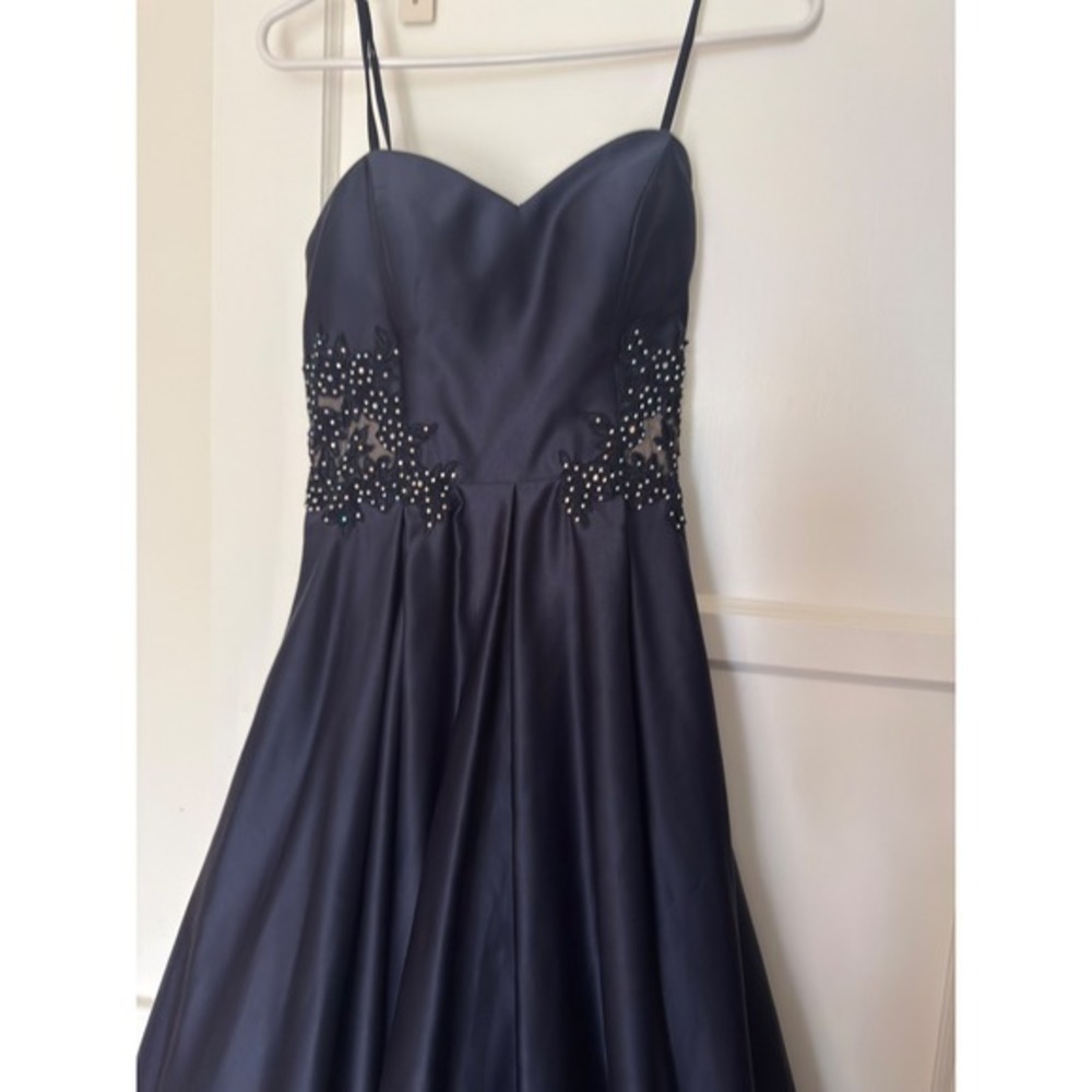 Blondie nite Navy Blue Satin Ball Gown Beaded Lace Waist Formal Evening Dress - Picture 7 of 11